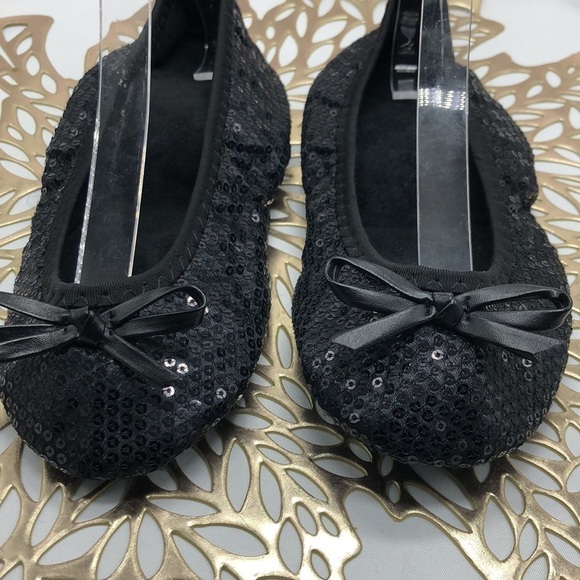 Black Sequins Foldable Soft Sole Ballet Slippers with Brighton Drawstring Bag - Picture 2 of 10